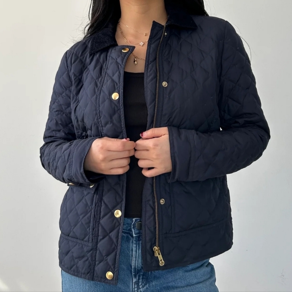 J. Crew Barn Quilted down Jacket Coat size S Navy Blue Corduroy collar Preppy - Picture 10 of 17